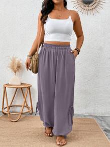 SHEIN LUNE Plus Size Front Slit Lace-Up Loose Tapered Pants, Solid Color, Fashionable For Summer - Purple - View 1