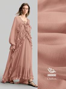 Ontre 大码女式波西米亚风格长裙，雪纺材质，荷叶边装饰，优雅度假休闲长裙 - 粉色 - 查看 2