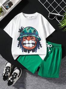 2pcs/Set Young Boy Crew Neck Short Sleeve T-Shirt And Shorts, Fashionable Summer Outfit - White - View 1