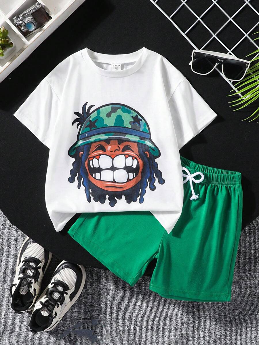 2pcs/Set Young Boy Crew Neck Short Sleeve T-Shirt And Shorts, Fashionable Summer Outfit - White - View 1