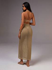 Athîral Women's Solid Deep V Neck Hollow Design Sexy Halter Dress - Khaki - View 2
