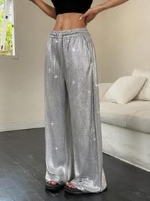 SHEIN Unity 女士高品质闪亮飘逸长裤，适合返校、派对 - 銀色 - 查看 5