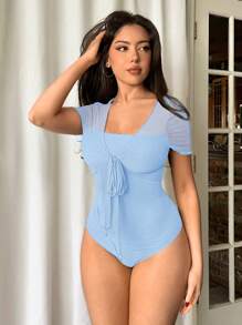 Firerie Solid Color Bowknot Front Sleeveless Bodysuit, Fashion For Summer - Baby Blue - View 1