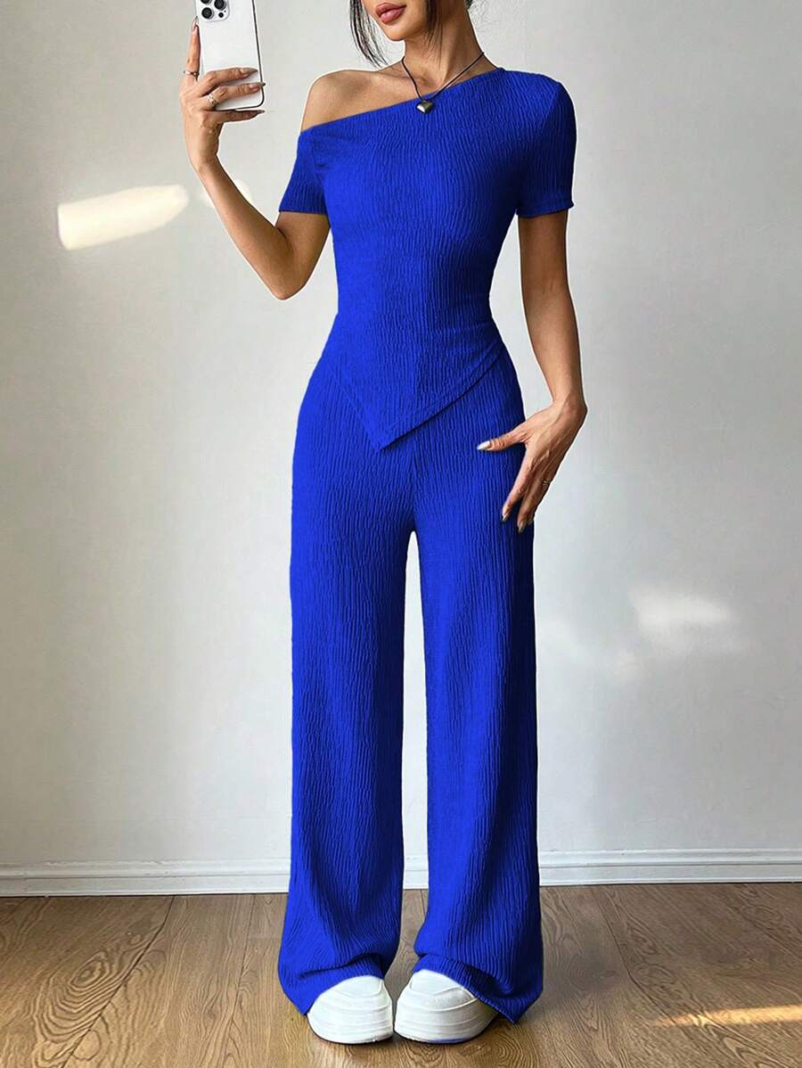 Flirla Women Two Pieces Outfits For Daily Wear - Royal Blue - View 1