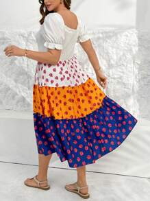 SHEIN Essnce Plus Size Women's Spring And Summer Fashion Casual Loose Comfortable Cute Square Neck Waist Short Sleeve Multicolor Floral Mid-Length Dress,Curve Cute Dress,Sun Dress,European Summer,Tea Party Dress,Beach Vacation Outfits,Vacation Outfits Woman,Bohemia,Mom And Daughter Clothes - Multicolor - View 3