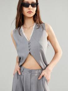 Aveloria Affinna 女装夏季新款蕾丝拼接V领单排扣无袖背心搭配阔腿西装裤修身办公室西装套装 - 灰色 - 查看 4