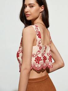 SHEIN Unity 撞色刺绣 V 领高腰优雅休闲百搭女士背心，米色和红色 - 彩色 - 查看 2