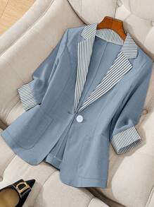 Regalyn Blazer casual de manga larga con botones, en talla grande, con diseño de rayas y parches, adecuado para ir al trabajo