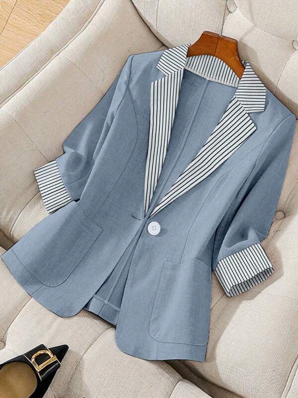 Regalyn Blazer casual de manga larga con botones, en talla grande, con diseño de rayas y parches, adecuado para ir al trabajo