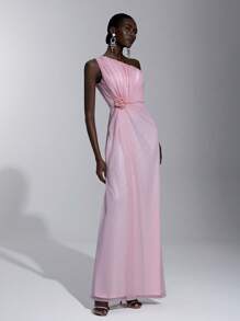 SHEIN Belle 优雅、浪漫、端庄、粉色、闪亮网纱、不对称肩部、不对称领口、立体花朵、褶裥、A字裙、婚礼宾客礼服、生日派对、婚宴、舞会、伴娘礼服 - 粉色 - 查看 3