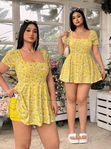 SHEIN EZwear Plus Size Printed Jumpsuit With Built-In Shorts & Pockets, Spring/Summer - Yellow - View 1