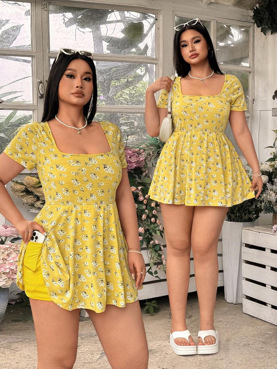 SHEIN EZwear Plus Size Printed Jumpsuit With Built-In Shorts & Pockets, Spring/Summer - Yellow - View 1