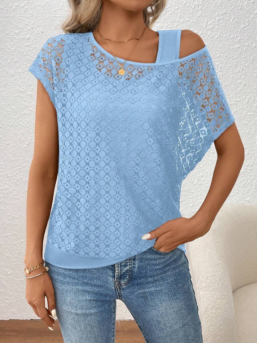 EMERY ROSE Blouse femme à épaules obliques et patchwork en dentelle 2 en 1 - Bleu azur - Voir 1