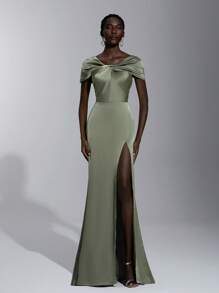 Elitara Sage Green Elegant Formal Wedding Spring Dress, Satin One Shoulder Twist Slim Micro Fishtail Hem Bridesmaid Graduation Prom Holiday Event - Green - View 6