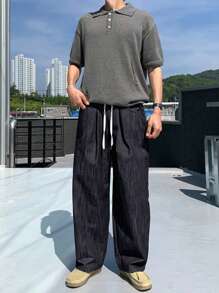 DAZY Spring Men's Plain Drawstring Waist Pocket Wide Leg Jeans - Navy Blue - View 4