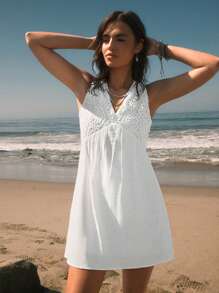 Easelle Romantic Deep V Lace Ruched Backless A-Line Mini Dress For Women, White - White - View 3