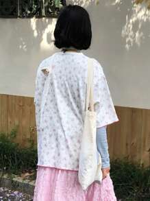 FRIFUL 女式圆领碎花撞色饰边 T 恤，夏季休闲可爱上衣 - 白色 - 查看 4