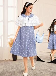 SHEIN 2 件套青少年女孩宽松休闲简约荷叶边网眼衬衫和彼得潘领连衣裙 - 藍色 - 查看 4