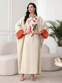 SHEIN Najma Túnica con mangas tipo murciélago y puños bordados de color contrastante, estilo modesto tipo kaftan