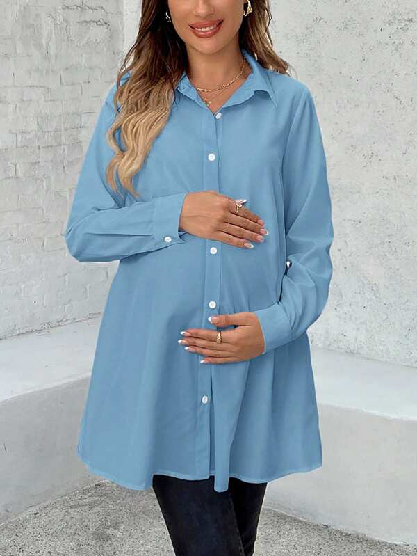 SHEIN Maternity Solid Color Long Sleeve Single-Breasted Casual Loose Shirt