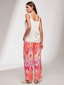 LUVLETTE 丝缎基本款粉色背心和图案裤家居服透气睡衣套装裤子带口袋内衣外套女士休闲套装 - 玫紅色 - 查看 2