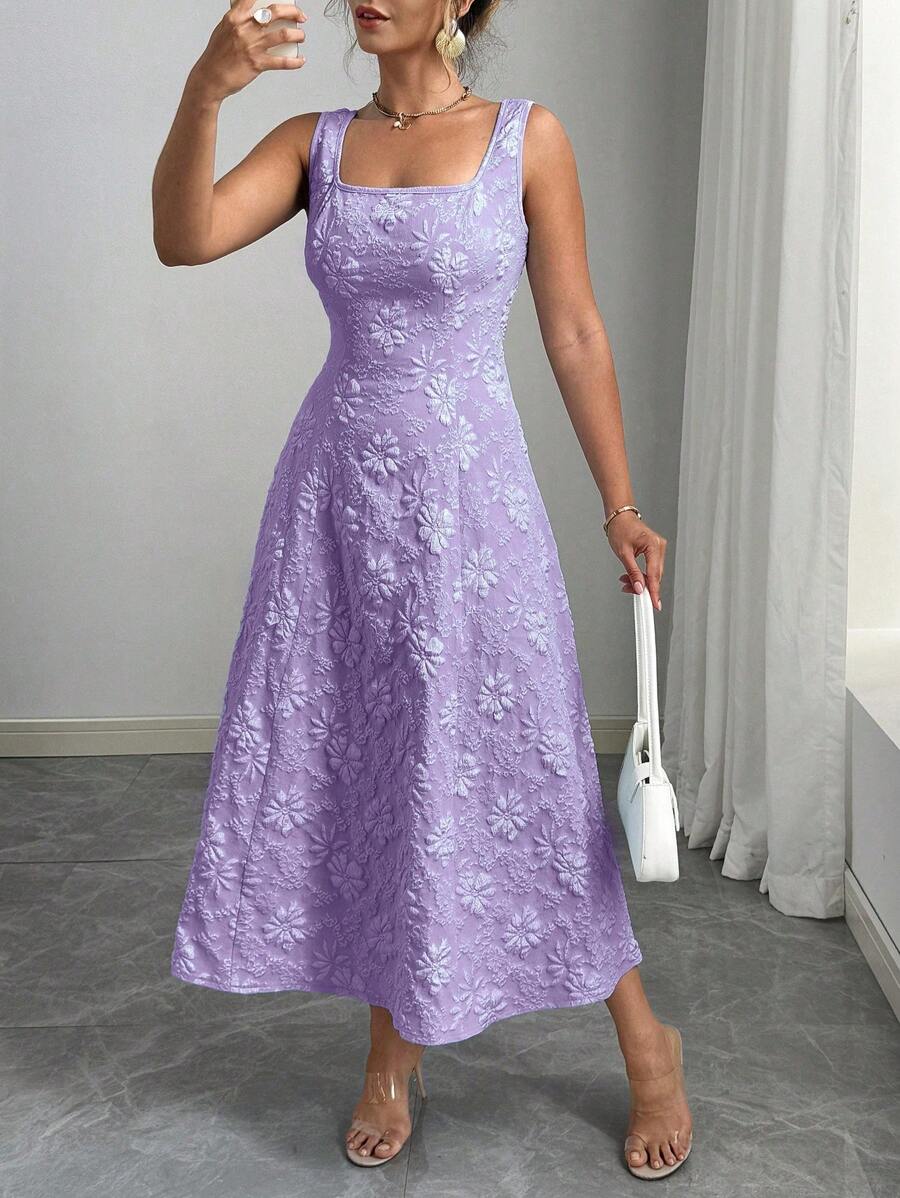 Elenzga Đầm họa tiết không tay cổ vuông cỡ lớn cho nữ - Màu tím - Xem 1