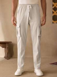 Manfinity ModaGents Pantaloni cargo da uomo casual, a vita media, con coulisse e tasche multiple, taglio affusolato