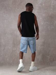 SUMWON 破洞设计师牛仔短裤夏季街头风贴花细节毛边剪裁及膝长度男友风漂白复古节日裤 - 藍色 - 查看 5