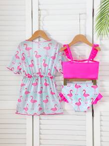 Flamingo Print Young Girl's Casual Bikini Set With Cover-Up Kimono - Multicolor - View 2