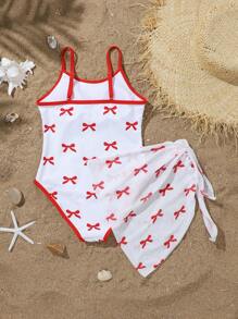 SHEIN Traje de baño de una pieza para niñas con decoración de lazo, ribete negro, pareo - Rojo - Ver 2