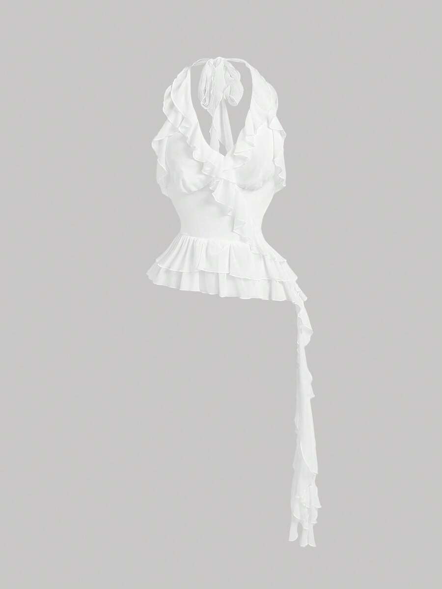 SHEIN MOD Elegant Ruffled Frill Hem Layered White Halter Tank Top - White - View 1