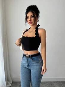 Gloray Sexy Vacation Halter Tie Ruffle Edge Crop Tank Top For Women - Black - View 6