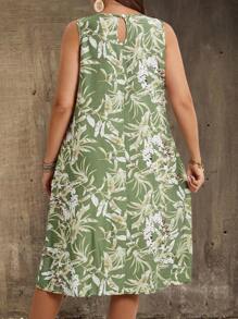 EMERY ROSE Plus Size Women Summer Vacation Round Neck Sleeveless Vintage Geometric Print Asymmetrical Hem Dress,Gifts For Mother,Summer Holiday,Vacation Outfits Women,Simple And Fashionable For Everyday Wear,Vacay Vibes,Springbreak,Casual Wear SS - Multicolor - View 4