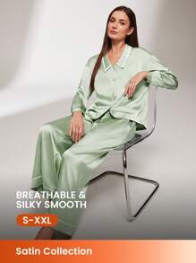 LUVLETTE 秋冬季女士缎面睡衣套装休闲套装基础款睡衣套装带口袋裤子秋季睡衣