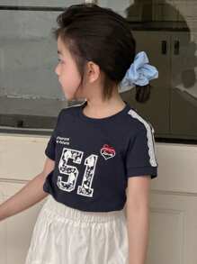 DAZY 少女女孩印花短袖圆领针织T恤，夏季 - 藏蓝色 - 查看 3