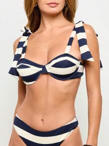 AiiRZ Striped Tie Shoulder Balconette Bikini Set - Blue and White - View 4