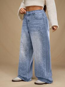 SHEIN Forever 21 Jeans casuales de pierna ancha con bolsillos y adornos de strass para mujeres de talla grande