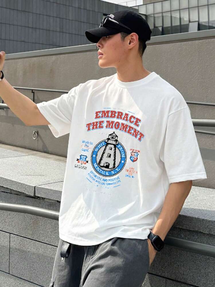 Summer Artistic Pattern & Letter Printed White T-Shirt For Men