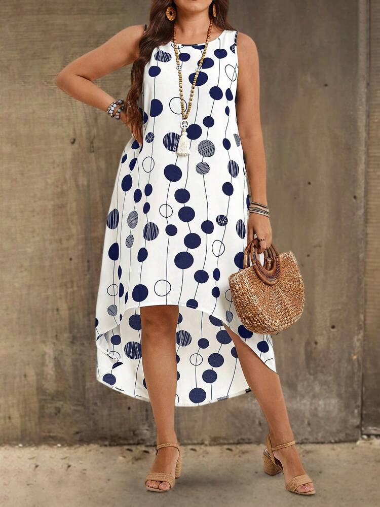 Vestido de lunares de cuello redondo sin mangas para mujer de talla grande para vacaciones de verano