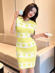 SHEIN LUNE 女式休闲心形图案修身毛衣裙 - 黃色 - 查看 3