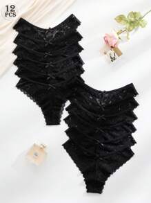 AltCore 12pcs Women Lace Trim Bikini Panties, Elegant & Comfortable Underwear - Black - View 3