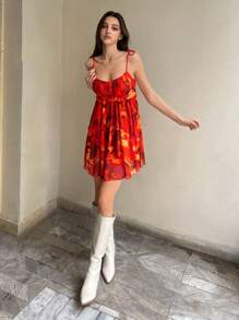 Sweetina 女士夏季外出毕业返校节橙色夏威夷海滩娃娃裙飘逸花朵可爱迷你连衣裙 - 彩色 - 查看 5