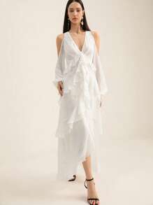 Aveloria Italian Romantic Ruffle Deep V-Neck Valance Chiffon Maxi Long Sleeve Dress For Women, Valentine's Day Elegant FashionableOld Money Style  For Summer - White - View 3