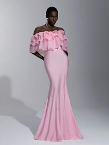 SHEIN Belle Elegant, romantic, demn roz tricotat țesătură elastică, fără mâneci, umăr asimetric, volană, decor, rochie de petrecere cu tivul coadă de pește, potrivită pentru petrecerea de aniversare, nuntă, domnișoară de onoare - Baby Pink - Vizualizare 3