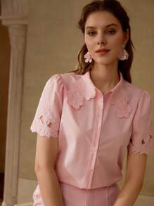 MOTF PREMIUM FLORAL EMBROIDERY BUTTON UP BLOUSE - Pink - View 3