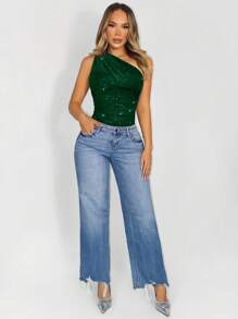 Sirith Solid Color Pleated Asymmetrical Collar Elegant Bodysuit, Sleeveless - Dark Green - View 5