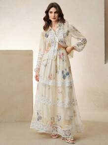 Anewsta Conjunto de 2 piezas con blusa de manga larga con estampado floral y aplicaciones de encaje, y falda midi en línea A, conjunto elegante para mujer, para primavera, festivales, vacaciones