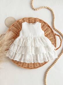 Newborn Baby Girl Cute White Embroidery Sleeveless Ruffle Hem Dress, Summer - White - View 2