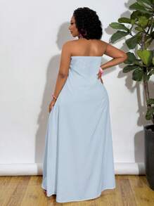 Slaydiva Plus Size Women's Casual, Resort & Elegant 2 Pieces Set: Loose Fit Crop Cami Maxi Top With Front Slit & Maxi Pants, Woven Textured Fabric - Blue - View 3