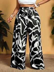 Slaydiva Plus Size Loose Casual Pants, Suitable For Summer,Summer Pants - Black and White - View 1